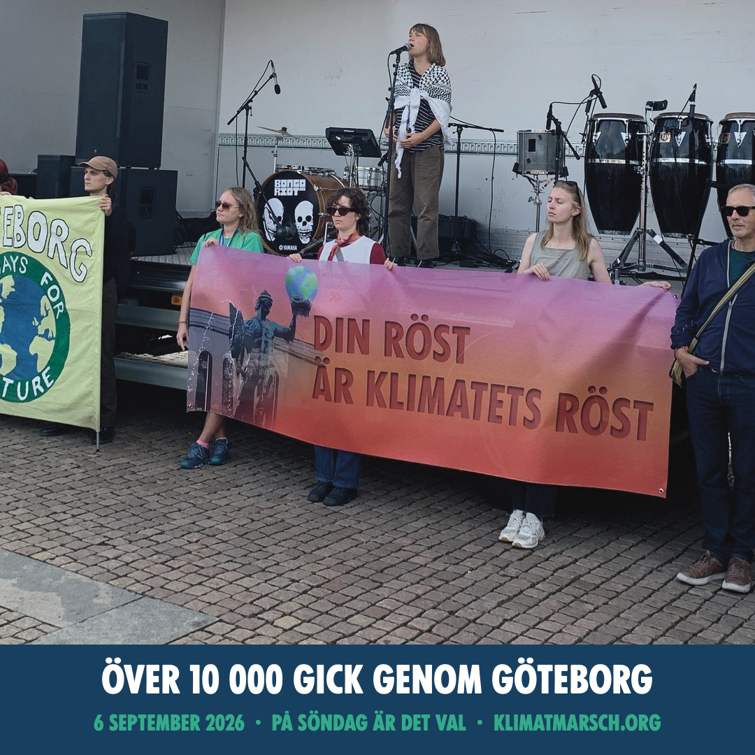 "Greta Thunberg talar på Gustaf Adolfs torg inför en stor publik av marschdeltagare"